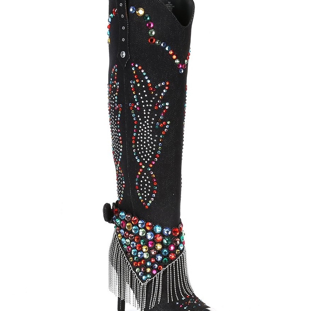 Gianni Bini Kaitrin Rainbow Rhinestone Fringe Bandanna Knee High Boots